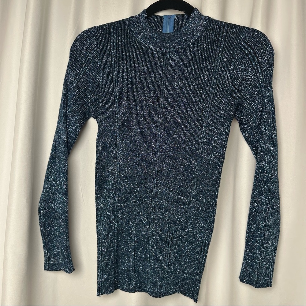 Vintage Universal Metallic Knit Top Back Zip Mock Neck 70s Disco Glam